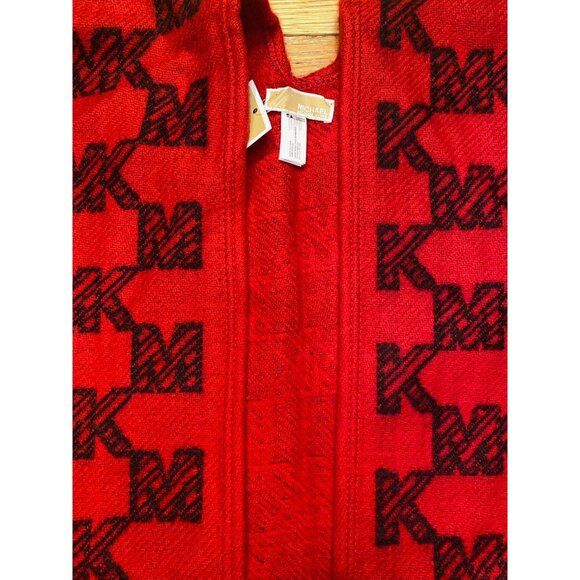 Michael Kors Red & Black Monogram Wool Poncho Shawl Wrap - Picture 2 of 4
